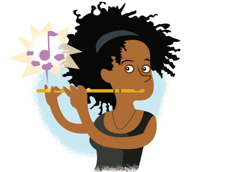 Illustration im Comicstil: Eine Frau spielt auf einer Querflöte